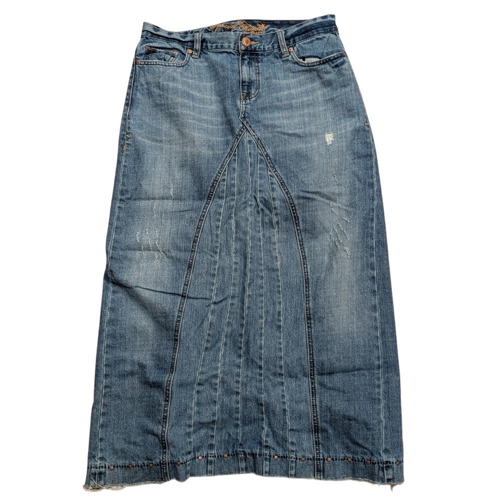 Old Navy Jean Skirt 8 Denim Blue Faded Ripped Maxi Studded Vintage 2010s